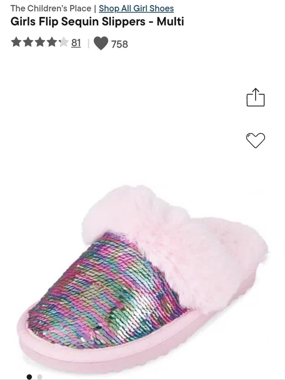 The Children's Place Flip Sequin Faux Fur Slippers Pink Multi Big Girl Sz 5/6